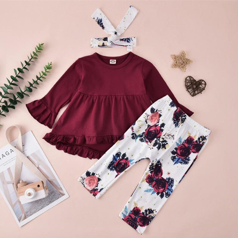 

Clothing Sets Autum Toddler Girl 3pcsClothes Set Cotton Ruffle Top +Floral Pants +Headband Children's Suit Fashion 1 2 3 4Y, Red