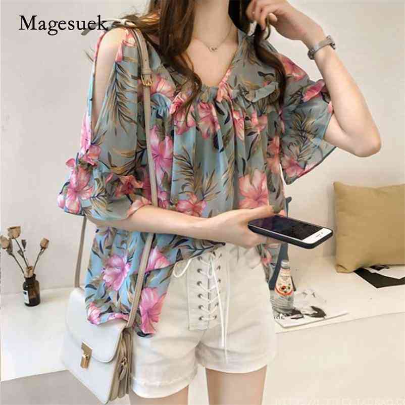 

Fashion Sweet Style Printed Chiffon Blouses Casual Plus Size V-Neck Flare Short Sleeve Loose Women Clothing 0615 40 210518, White