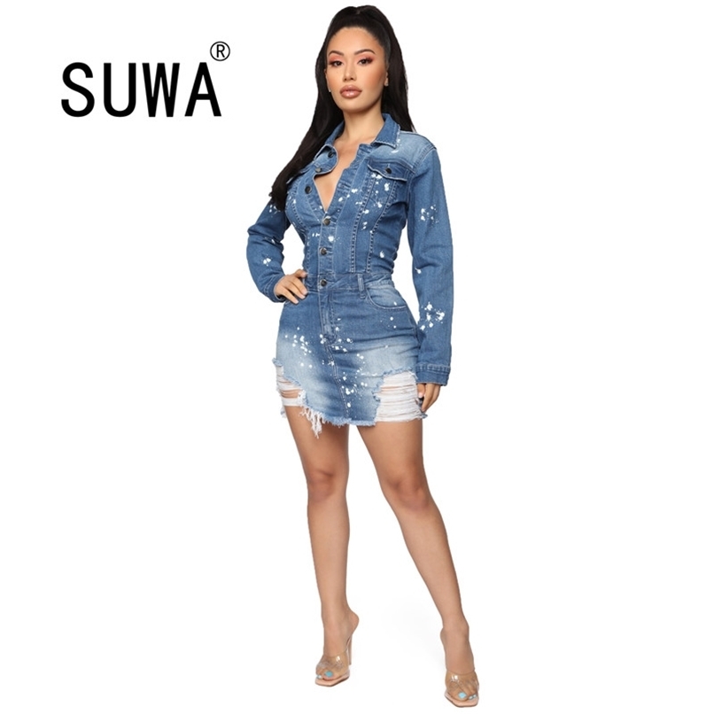 

Women Dress Long Sleeve Pockets Single-breasted Irregular Hem Hole Mini Bodycon Denim Dresses Party Beach Street Work Office 210525, Blue