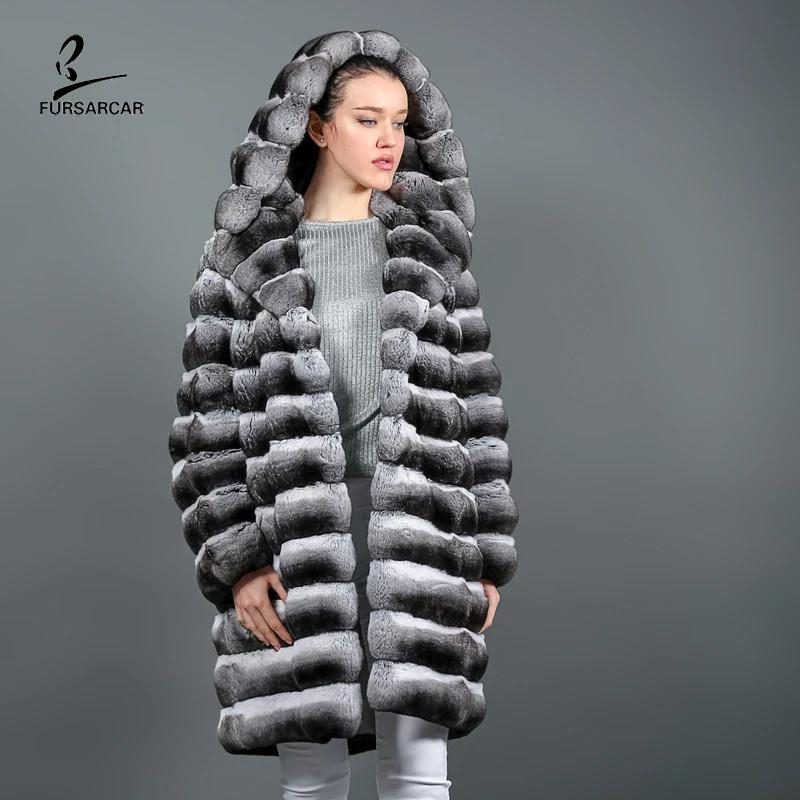 

Women's Fur & Faux FURSARCAR 2021 Natural Rex Coat Elegant Female Real Thick Warm Winter Long Wrap Clothes With Hat, Black