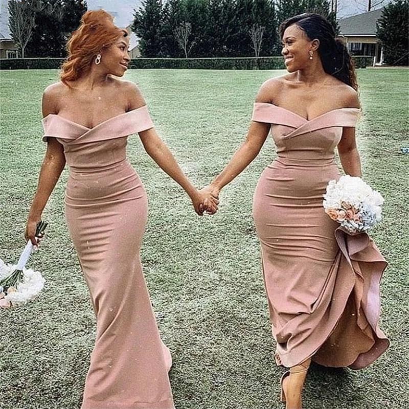 

2021 Sexy Blush Pink Mermaid Bridesmaid Dresses Off Shoulder Short Sleeves Beach Ruched Floor Length Maid of Honor Wedding Guest Gowns Sweep Train Plus Size Spandex