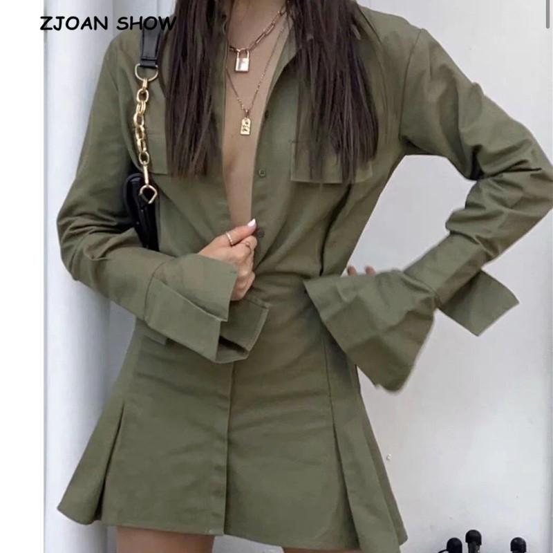 

Casual Dresses 2021 Autumn Lapel Single-breasted Slim Waist Long Sleeve Shirt Dress Safari Style Women Pockets Hem Ruched Mini Short, Black