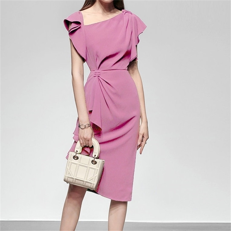 

Summer Women Elegant Pink Ruffle O-neck Bodycon Long Mid-Calf Formal Party Dress Office Vestidos 210603, Picture color