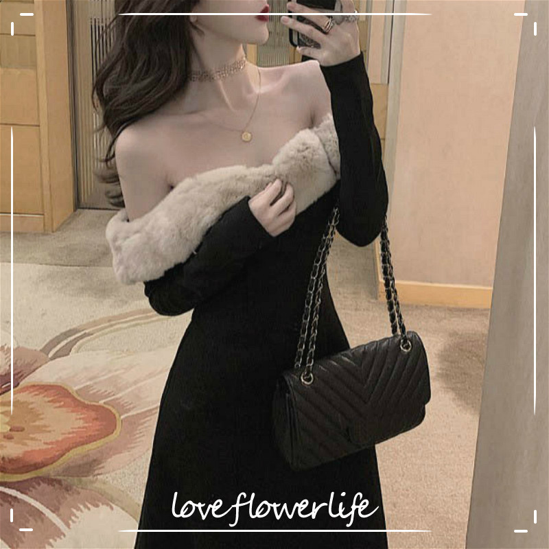 

Elegant Vintage Dress Women Long Sleeve Sexy Fur Collar Evening Party Black Dress Female Dress Korean Autumn Chic 210521