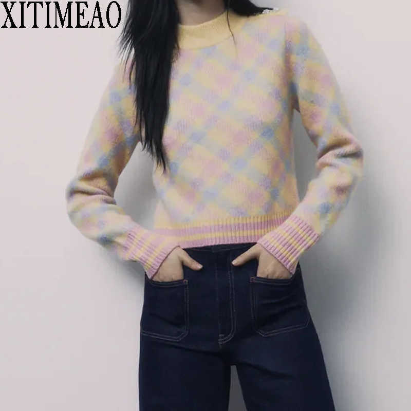 

ZA Autumn Winter Women O Neck Sweaters Diamond Check Pullovers Shirt Lady Chic Tops XITIMEAO 210602, As picture