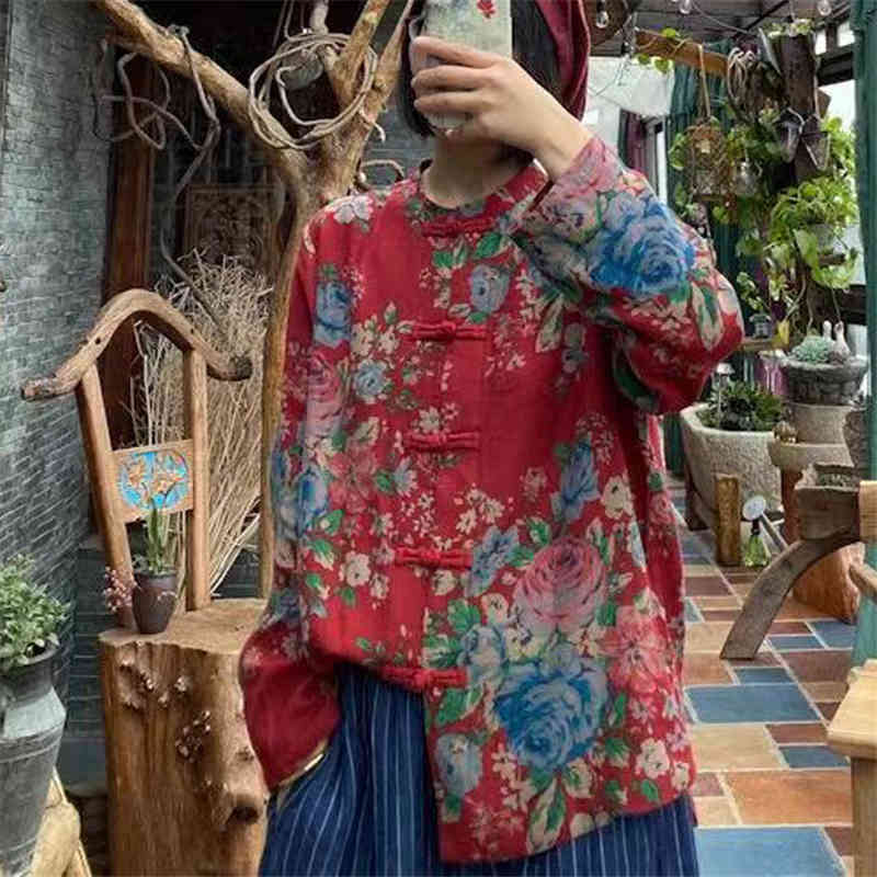 

Johnature Women Vintage Shirts Cotton Print Floral Blouses Spring Stand Long Sleeve Red Loose Chinese Style Shirts Tops 210521