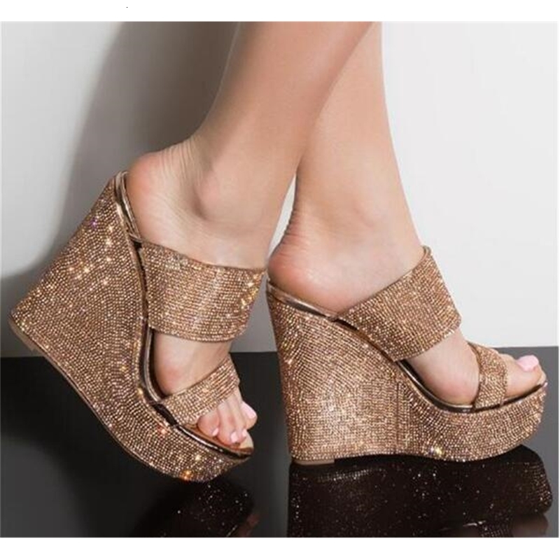 

sandals dipsloot summer sliver yellow champagne bling strass crystal... wedge women's shoes super platform sliding in slippers. kmey, Black