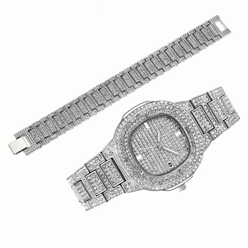 

Link, Chain Iced Out Bracelet Watches For Men Watch Jewelry Hip Hop Gold Set Couple Mens Luxury Bangles