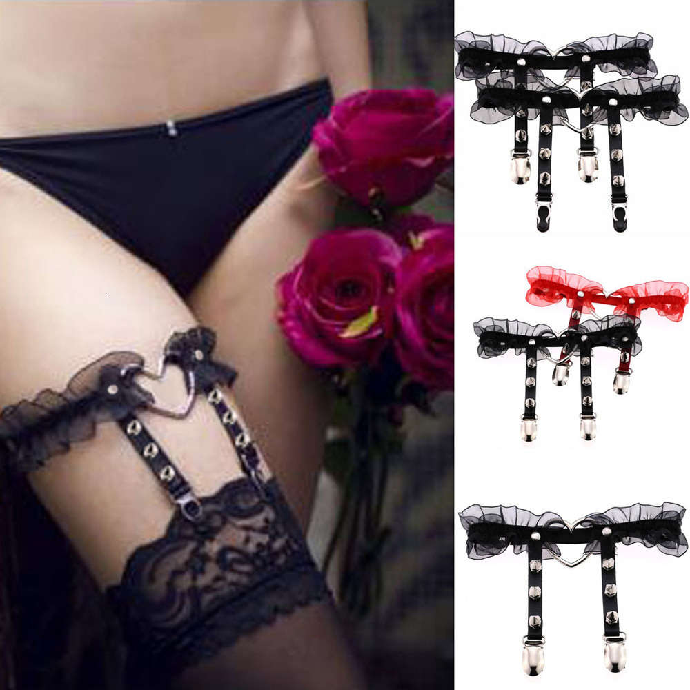 

Punk rock sweetheart rivet sexy lace elastic love shape leather bridal girdle Garter, Black;white