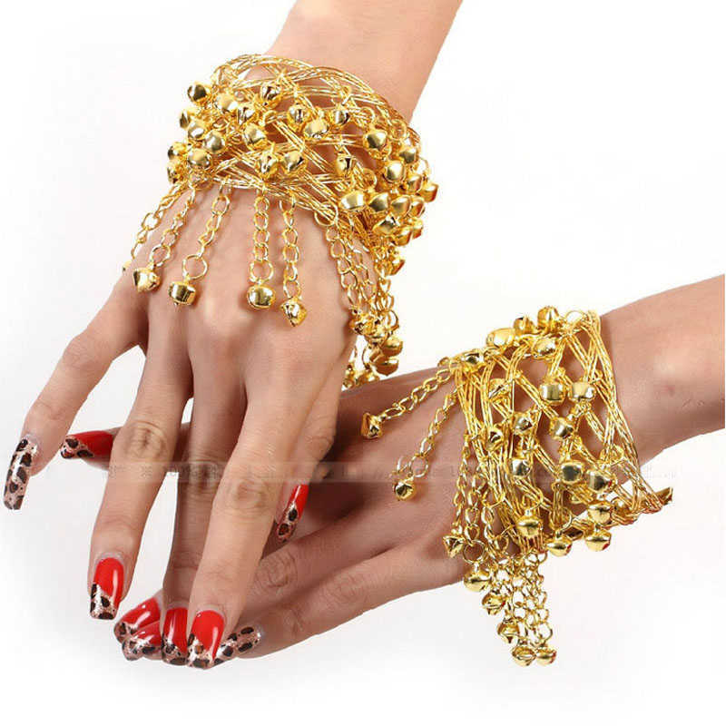 

New Fashion Golden Lady Girl Dancing Latin India Belly Performance Punk Chain Link Bracelet Gloves Bangles Q0720