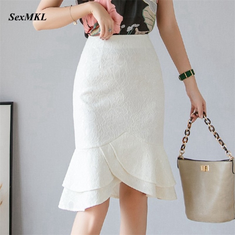 

SEXMKL Plus Size White Lace Skirt Women Summer High Waist Black  Sexy Office Lady Ruffles Pencil Jupe Femme 210708