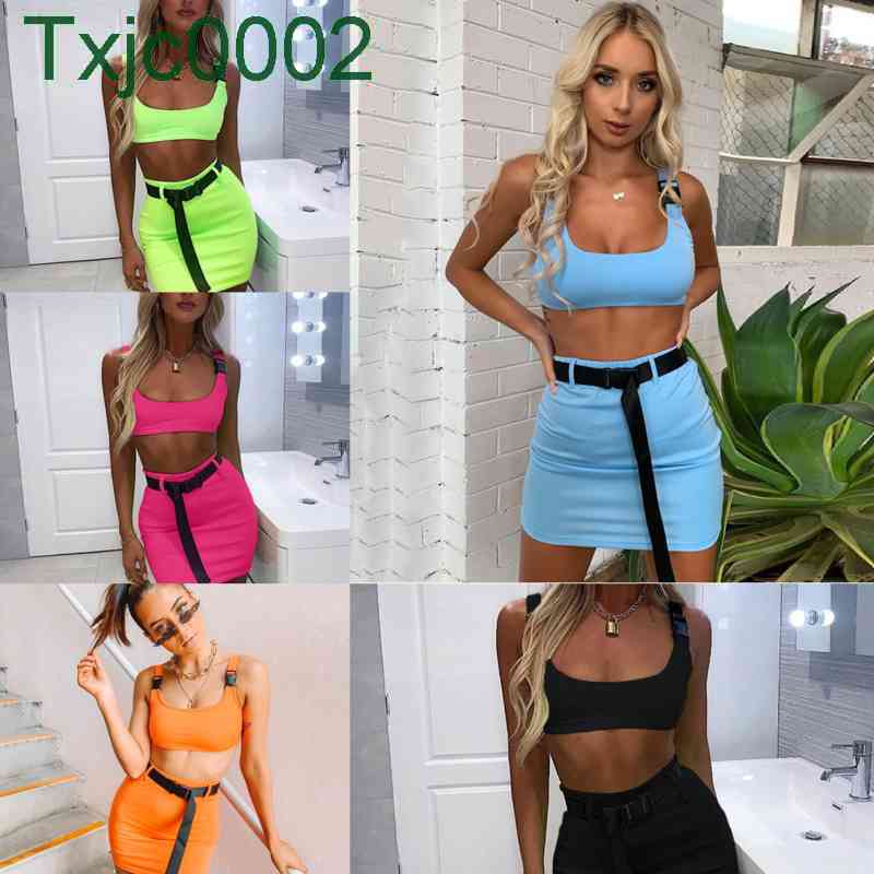

Designer Summer Women Two Piece Dress Sexy Schoolbag Buckle Vest Short Skirt Fluorescent Casual Clothing Temperament Commuting Tracksuits, Orange
