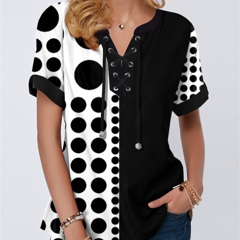 Plus Size 4xl 5x Pullovers Blouse shirt Boho Print Lace Splice Women's Tops V-neck Loose Casual Summer New Female Tee Shirt 210317