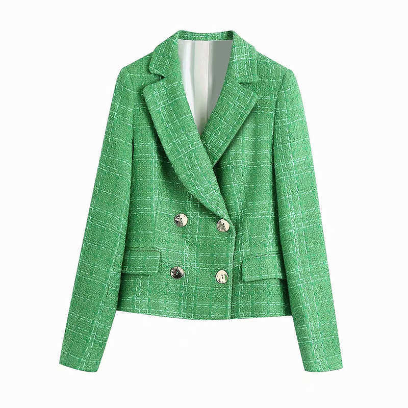 

Women Double Breasted Tweed Texture Green Blazers Coat Office Lady Long Sleeve Pockets Female Outerwear BB1045 210603