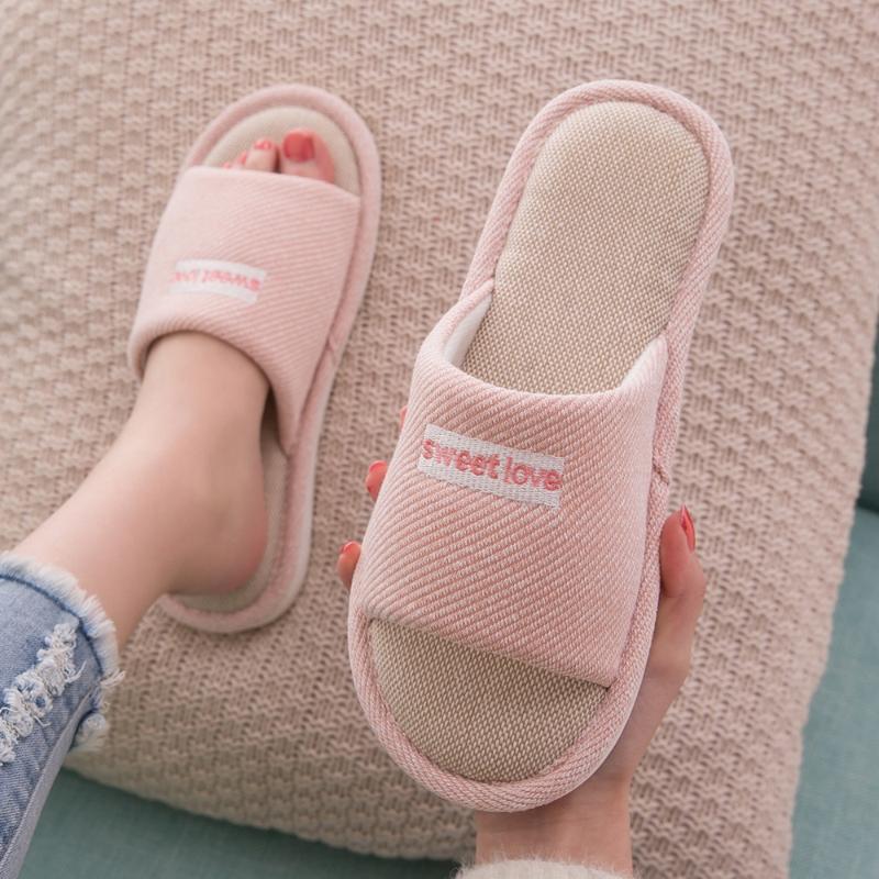 

Slippers Litthing Women Indoor Floor Flat Shoes Solid Color Anti-slip Home Flax Linen Slipper Woman Men House Cotton Slides, Pink