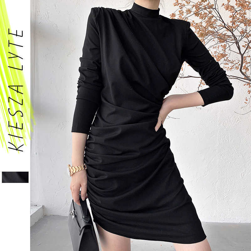

Sexy Womens Drape Dress Bodycon Long Sleeve Solid Black Casual Office Lady Basic Fitting Dresses 210608