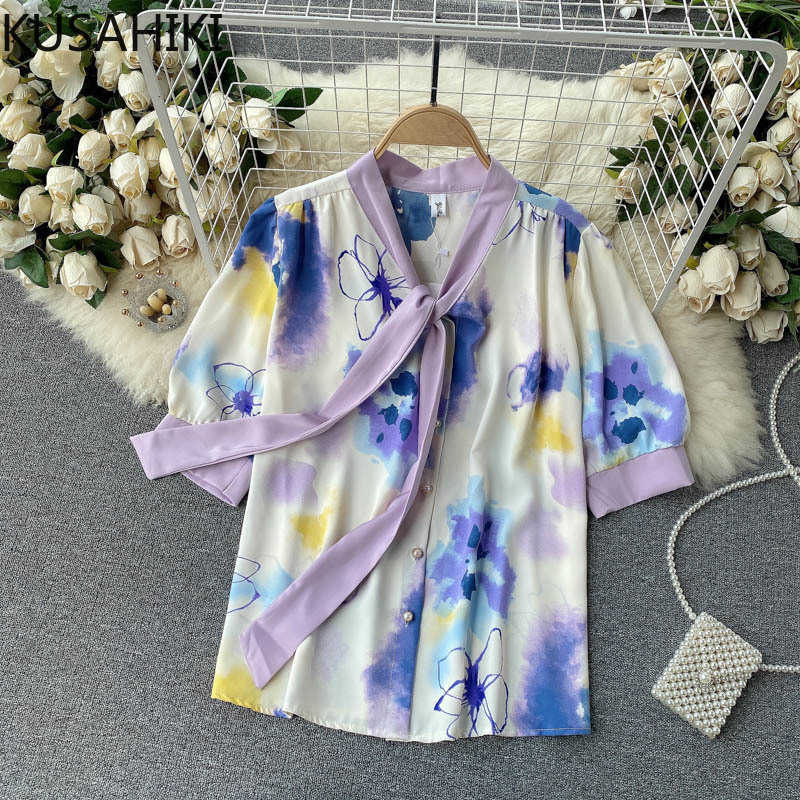 

Chiffon Tops Korean Tie Dye Puff Short Sleeve Blouse Causal Bow V-neck Summer Blusas Mujer De Moda 6G813 210603, Blue