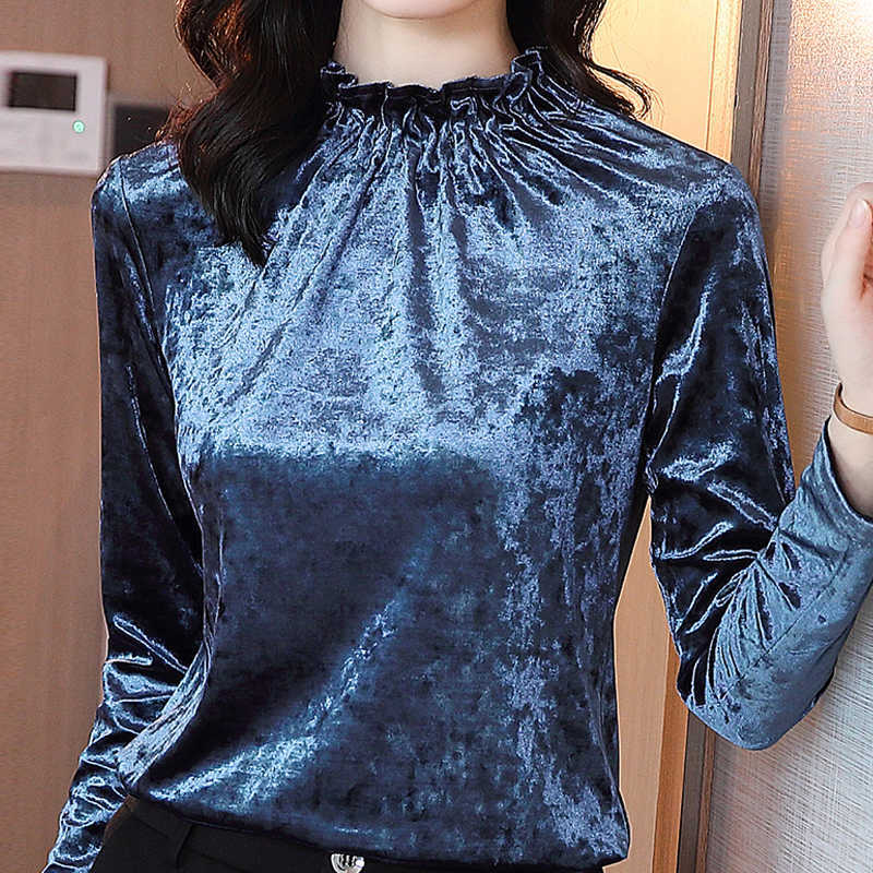 

Long Sleeve Stand Collar Velour Blouse Shirt Women Tops Blouse Women Blusas Mujer De Moda Winter Clothes Women Blusa E48 210602, Blue