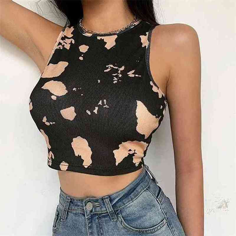 

OMSJ O Neck Summer Crop Top Sexy Printed Sleeveless Basic T Shirt Vest Off Shoulder Ribbed Casual Women Tank Streetwear 210517, Black