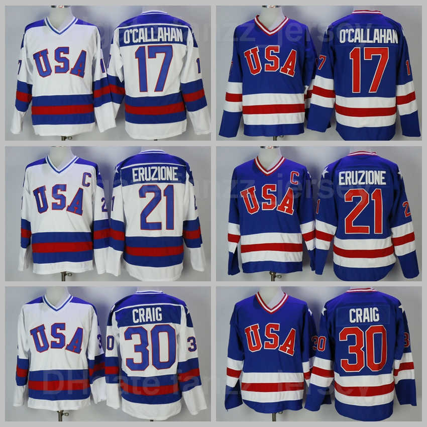

1980 USA Ice Hockey 17 Jack Ocallahan Jersey 30 Jim Craig 21 Mike Eruzione Team Blue Away White Embroidery And Sewing Sports Breathable, 17 white
