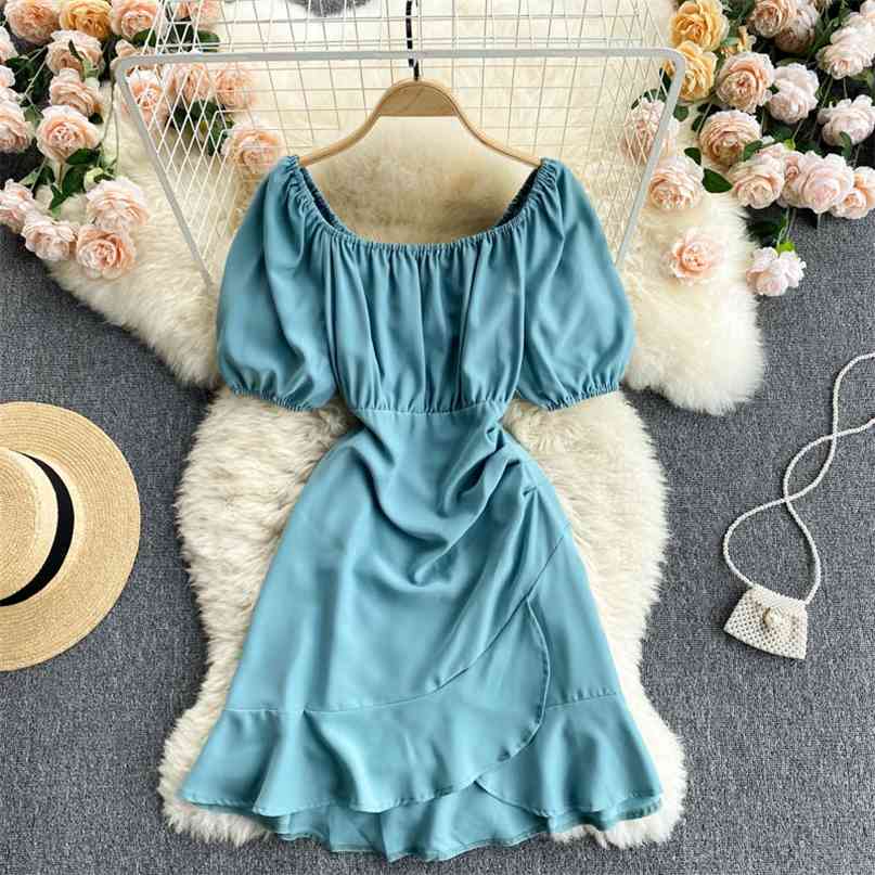 

Korean Women Puff Short Sleeve Mini Dress Summer Fashion Round Collar High Waist Ruffles A-line Casual Party Vestidos 210603, Blue