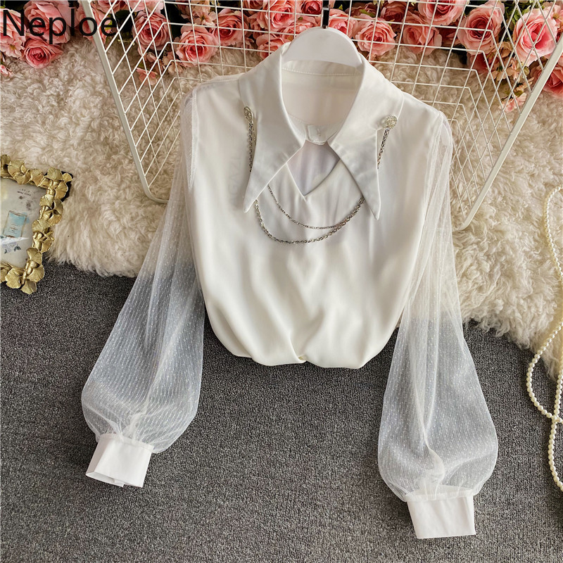 Neploe Blusas Mujer De Moda Vintage Temperament Blouses Women Chic Chain Lantern Sleeve Shirt All-match Chiffon Blouse Tops 210422