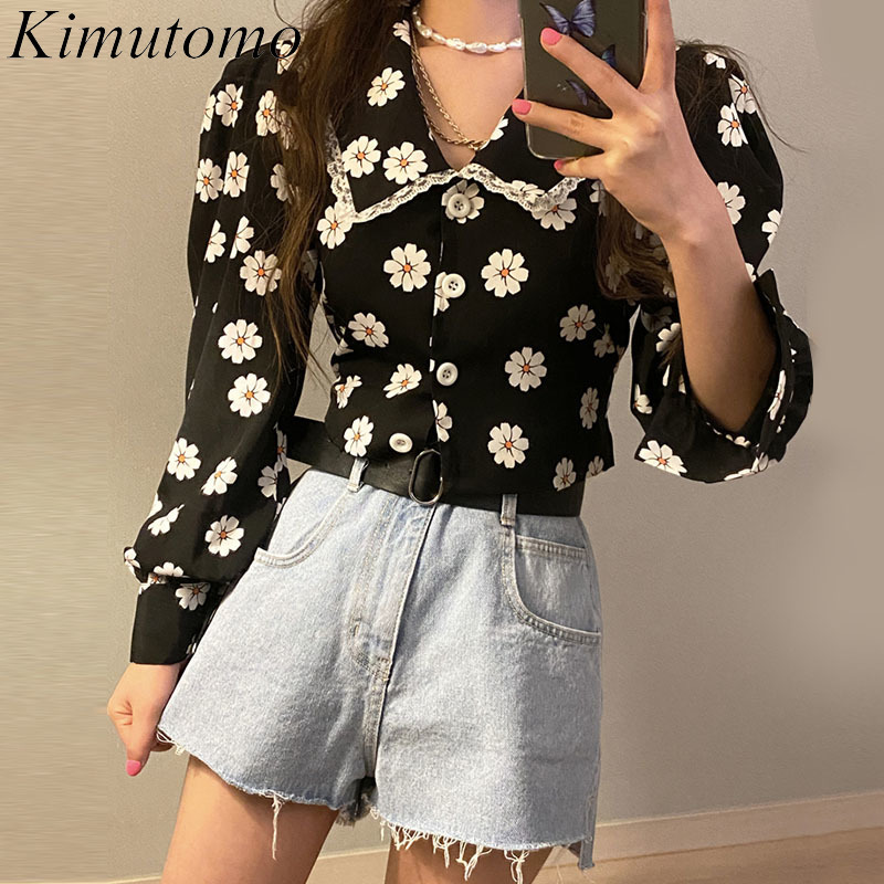 

Kimutomo Sweet Girls Chic Blouse Shirt Turn-down Collar Lace Patchwork Ladies Floral Print Bow Single Breasted Chiffon Tops 210521, Black
