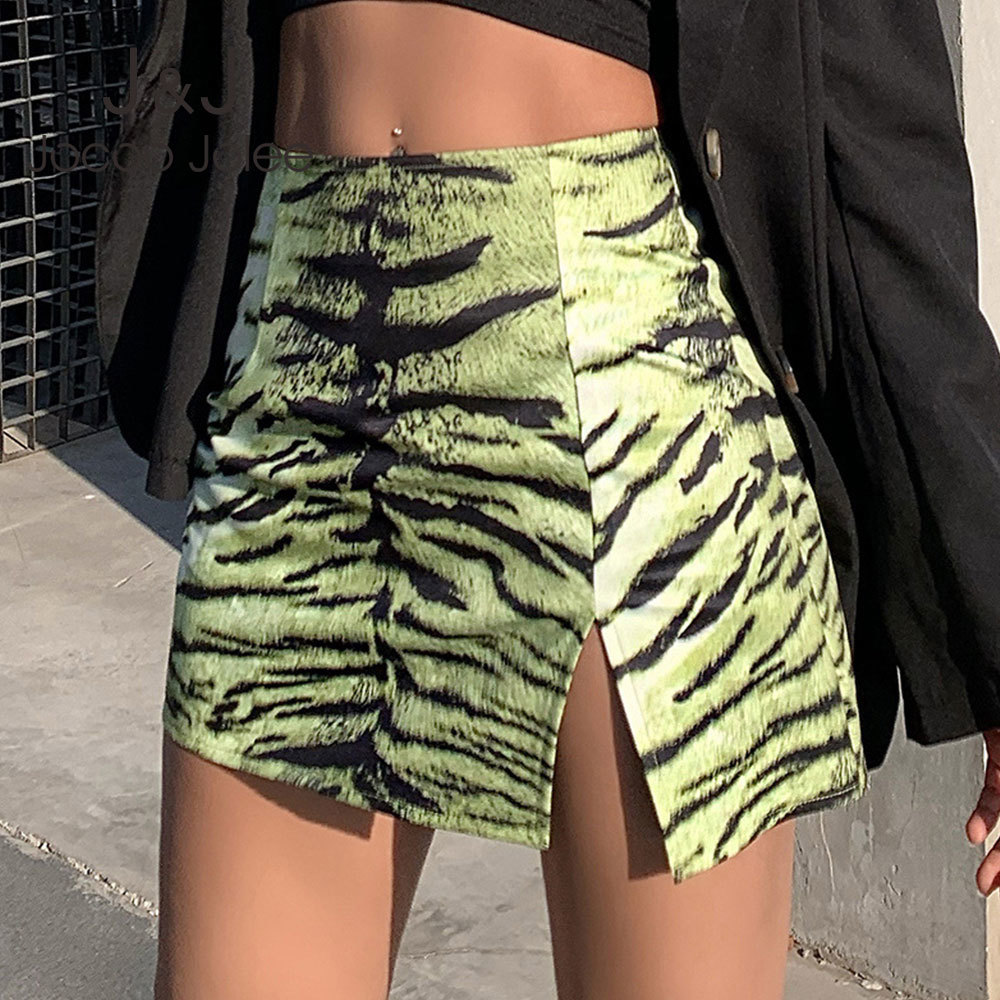

Jocoo Jolee Women Summer Sexy Casual High Waist Tiger Pattern Splic Buttock Split Y2k Street Mini Skirt Party Club 210518, Green