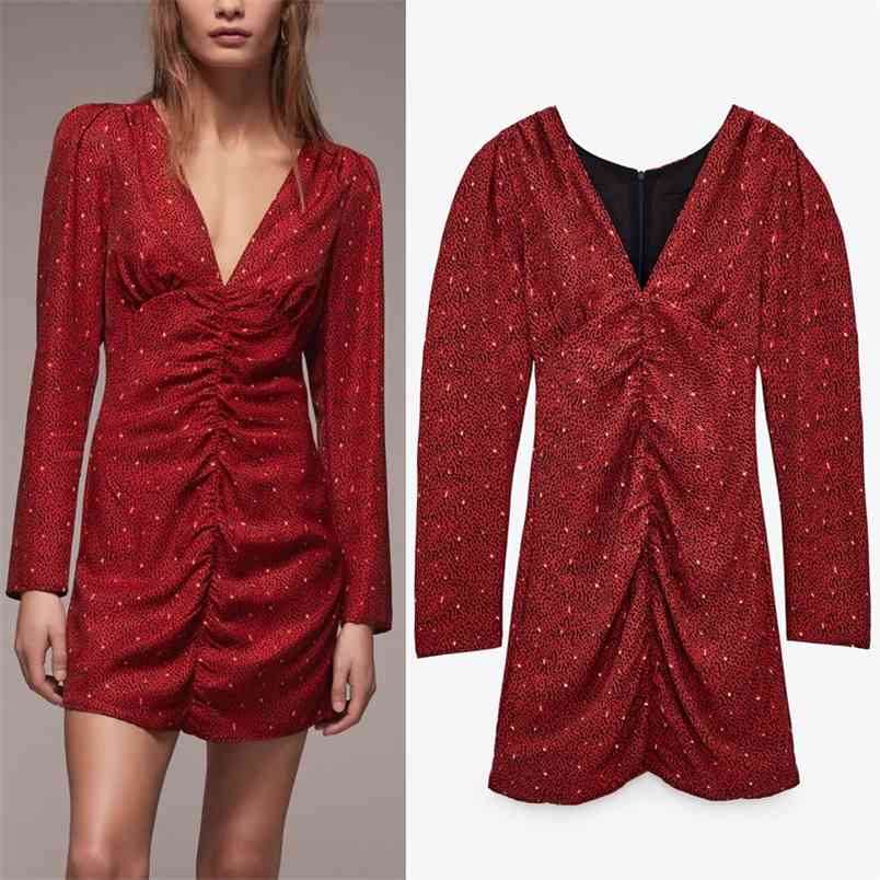 

Red Print Draped Mini Dress Women Vintage V Neck Long Puff Sleeve Ruched Short Woman Elegant Ladies Party es 210519