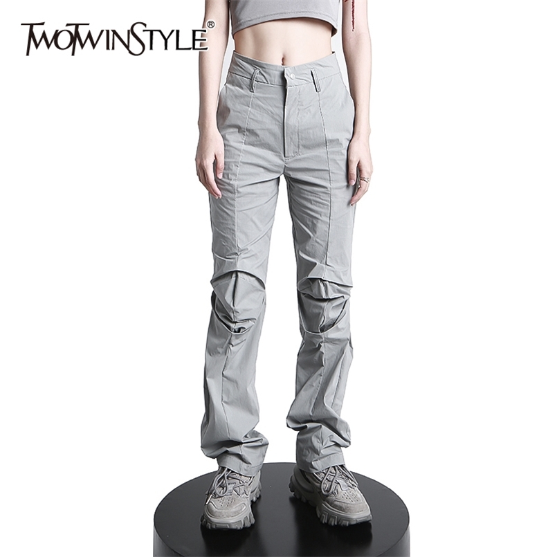 

Casual Solid Pant For Women High Waist Ruched Irregular Full Length Straight Pants Female Summer Fashion Style 210521, Black