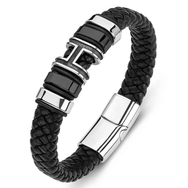 

Charm Bracelets Fashion Punk Men Bracelet Braided Leather Hand Bangles Stainless Steel Letter H Magnetic Clasp Wristband Party Jewelry Gift, Golden;silver