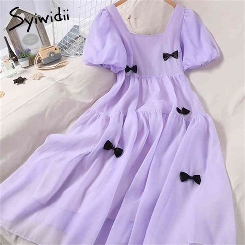 

Fashion Bow Spliced Puff Sleeve High Waist Dresses Women Square Collar A-line Chiffon Clothes Summer Korean Dress 210607, Beige