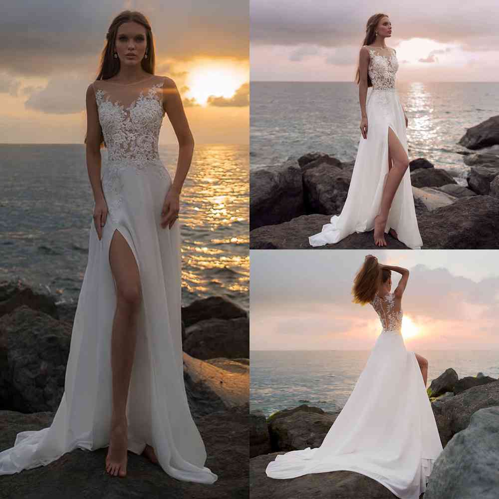 

Wedding Dresses 2021 Boho Slit Bridal Gown O-neck Sleeveless Applique White Ivory Wedding Gowns Vestido De Noiva Robe De Mariee