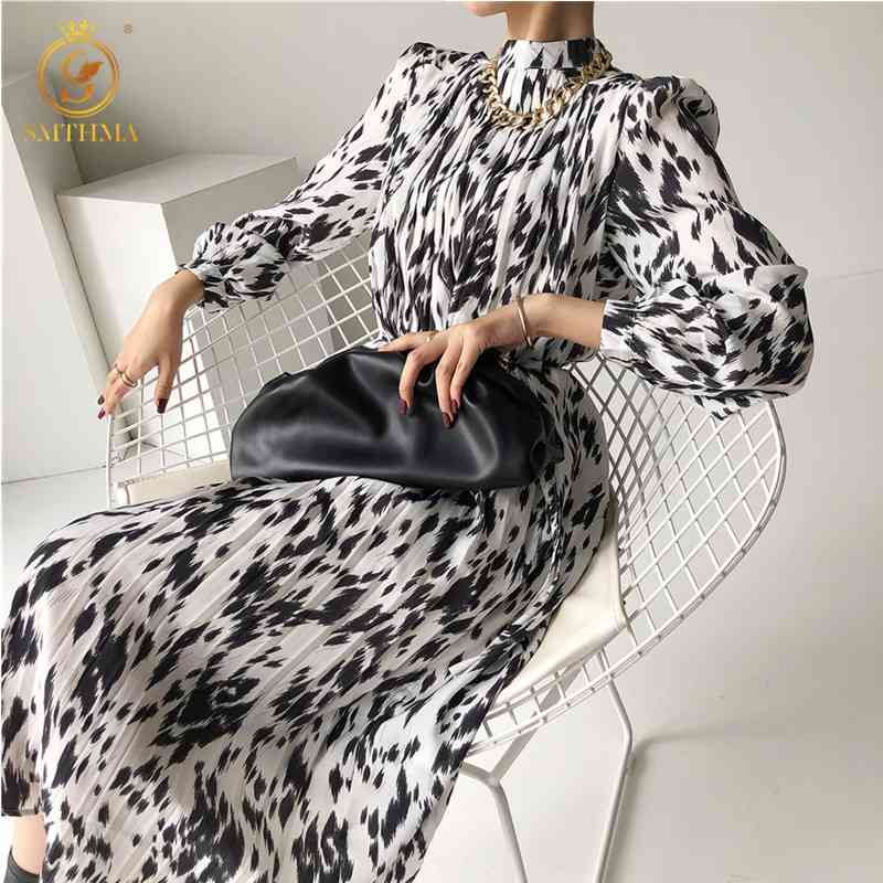 

Fashion Spring Stand Collar Women Lantern Sleeve Dress Vintage Elegant Hit Color Female Lace-Up Ink Print Pleated 210520, Photo color