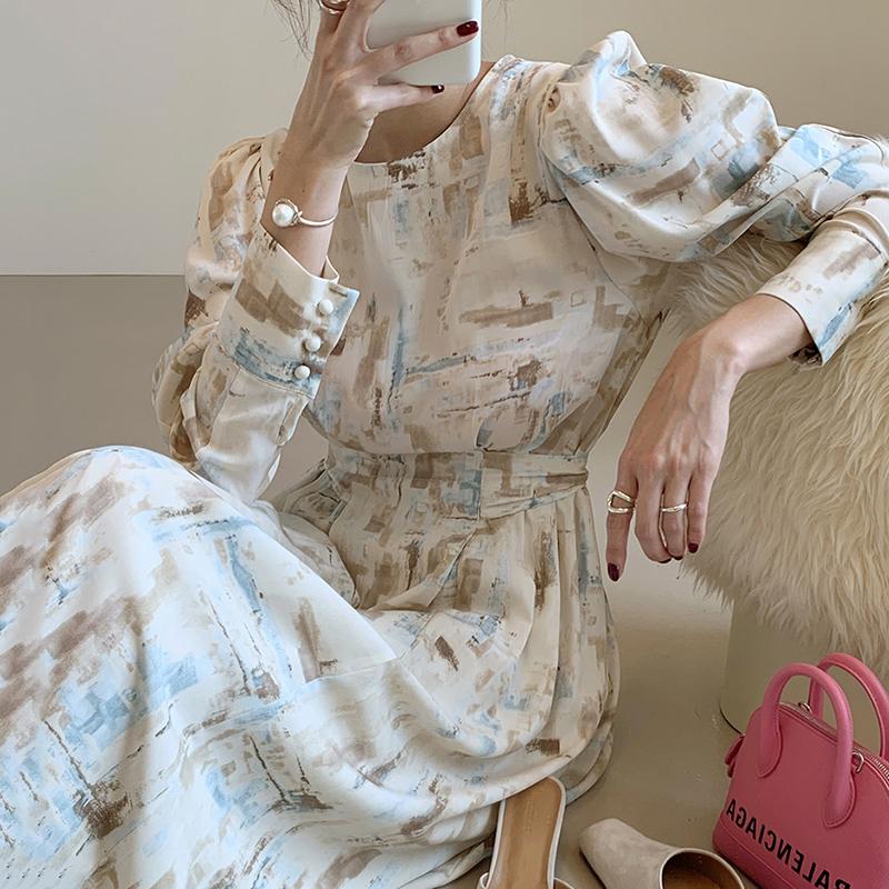 

Casual Dresses Vintage Floral Print O Neck Puff Sleeve Dress Women Elegant Slim Waist A Line Vestidos Mujer Office Lady Autumn Robe Femme, Black;gray