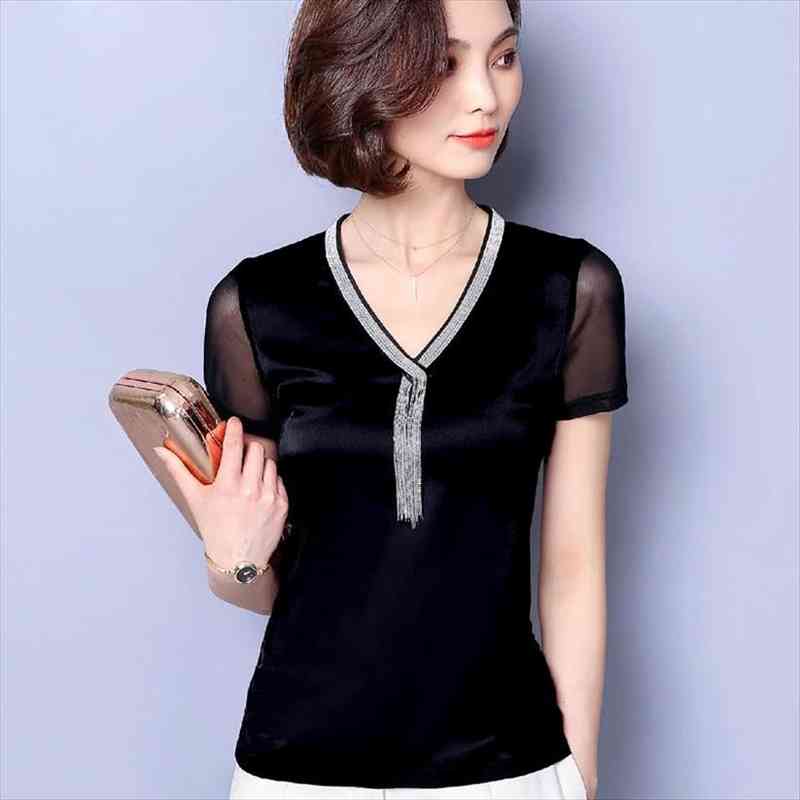 

women spring summer style mesh patchwork blouses lady casual short sleeve v-neck tassel decor blusas dd8145, White