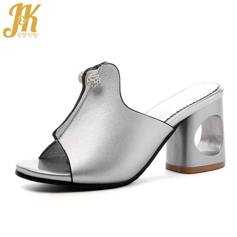 

Slippers JK 2021 Summer Women Patent Leather Mules Fretwork Heels Fashion Ladies Slides Shoes Open Toe Casual Big Size Footwear, Black