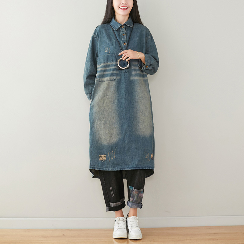 

Johnature Women Vintage Shirt Dresses Denim Cotton Button Patchwork Spring Turn-down Collar Original Female Dresses 210521, Blue