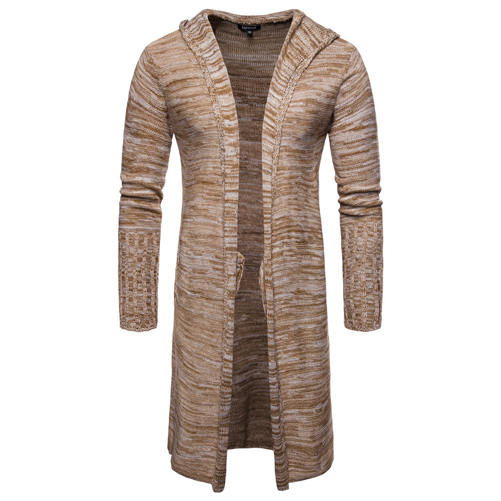 

Autumn and winter sweater men's casual snowflake color hooded mid-length knitted cardigan, Beige