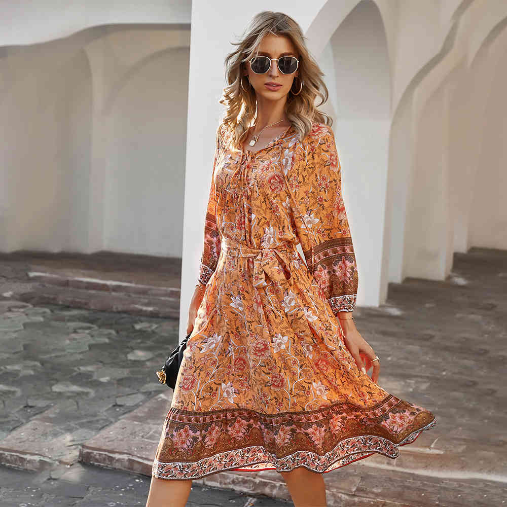 

women spring summer dress Bohemian holiday style floral printed with long sleeves O-neck 210524, Navy blue