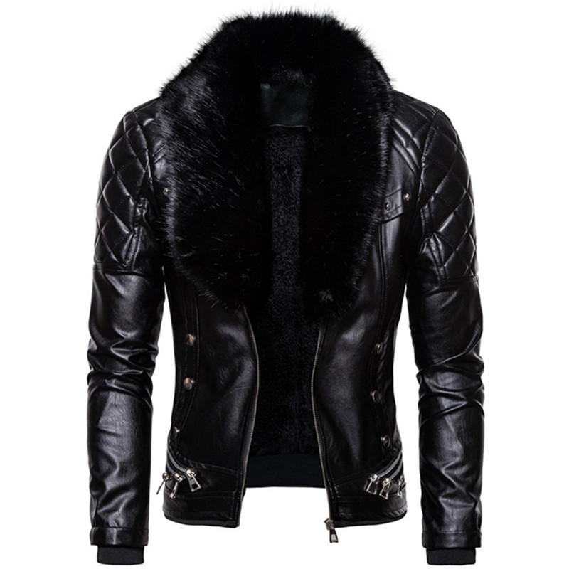 

Men's leather et and wool et, tight detachable fur collar coat, warm, motorcycle, autumn, 2021, Black