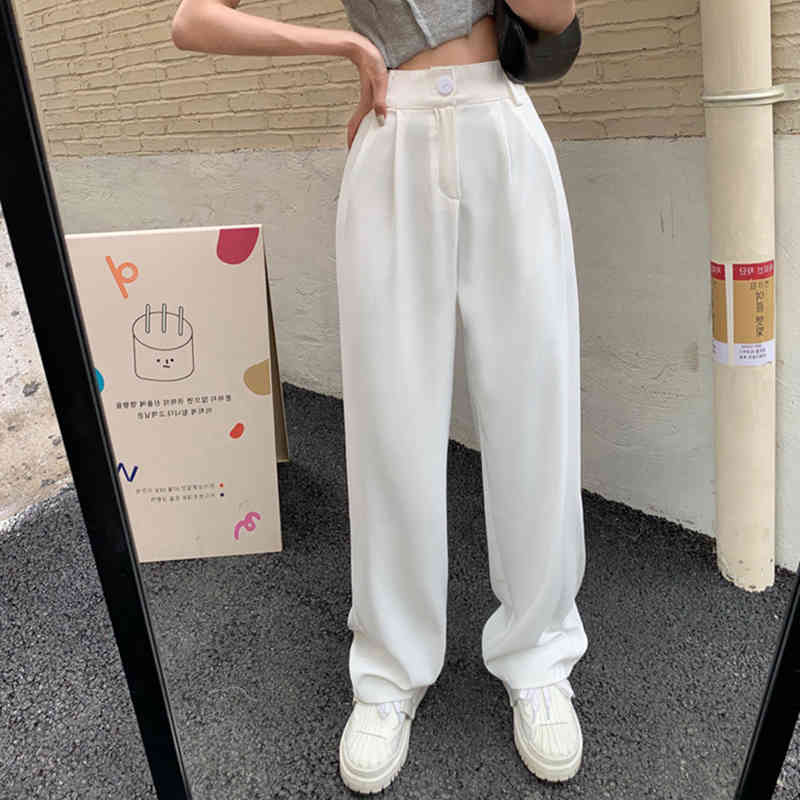 

Women's Pants & Capris High-waisted trousers for women, harajuku, loose, straight, long, casual, with pockets, broad legs office, girls, white 44EW, 1# packing bag