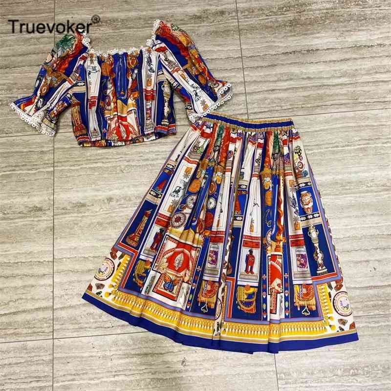 

Truevoker Cottagecor Skirt Set Women Short Sleeve Square Collar Vintage Print Cotton Crop Top With 210602, Multi