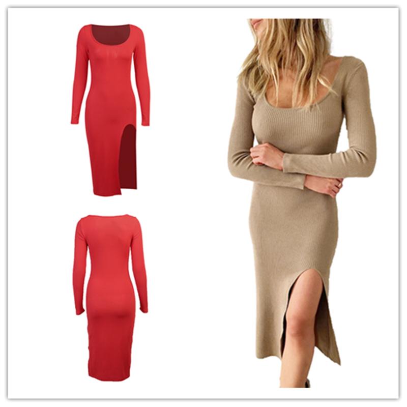 

Knitted Midi Dress Women Autumn Basic Slim Ribbed Long Sleeve Bodycon Solid Color Dresses Side Split Winter Casual, As photo shows