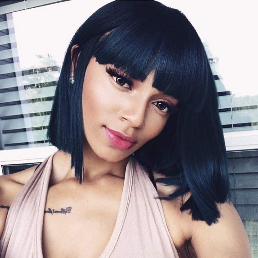 

Short Bob blunt cut Wig with Bangs Human Hair Wigs Brazilian Straight for Black Women diva1 lace front 13x4, Natural color