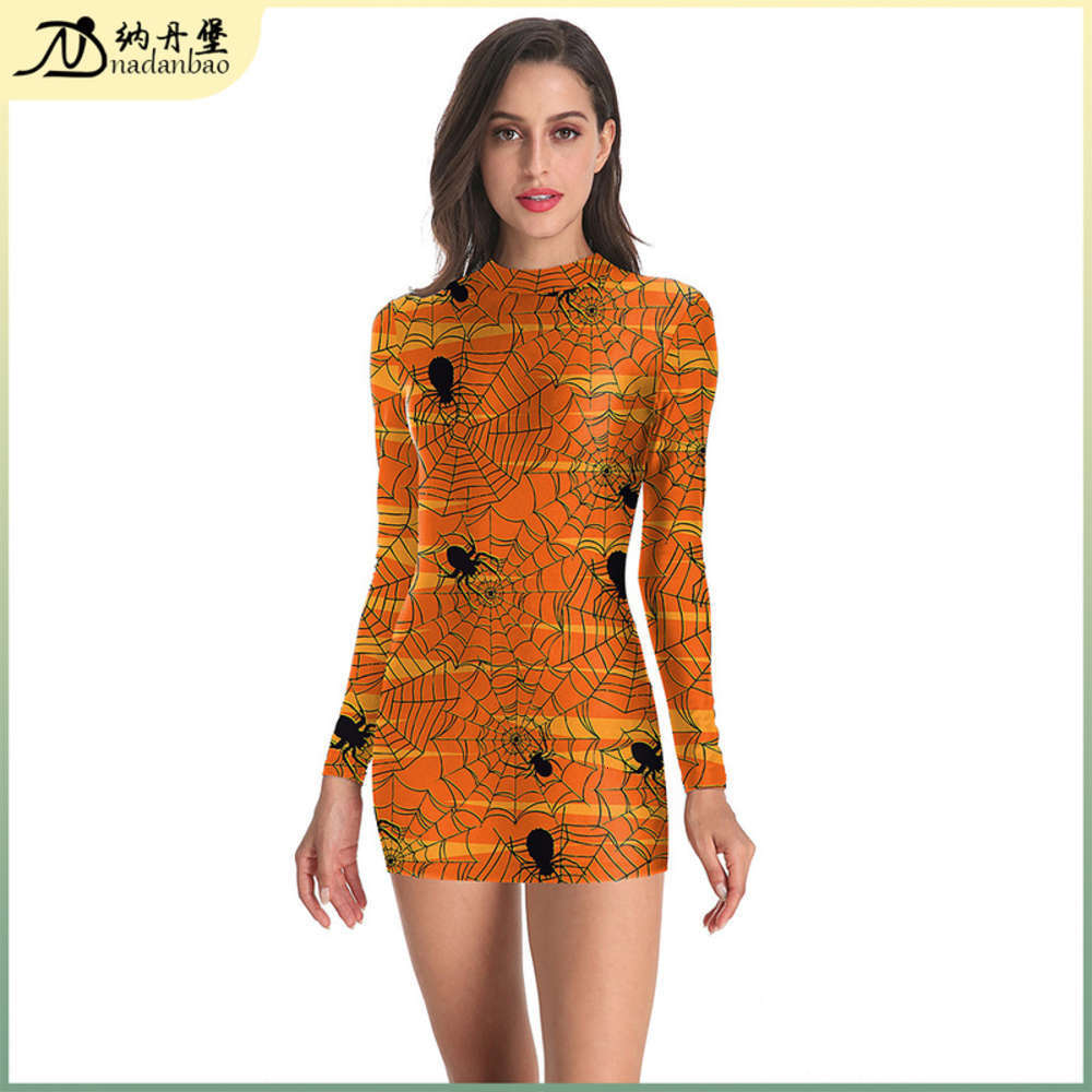 

Casual Dresses Halloween 3D digital printing spider slim long sve Drs, Wb143-006