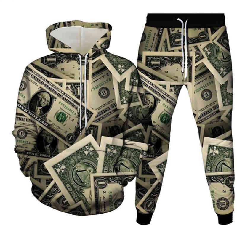 

2021 US Dollar Money 3D Print Men Tracksuits Women Hooded Sportswear Hoodies+Jogger Pants 2Pcs Set Spring Autumn Fashion Clothes G1215