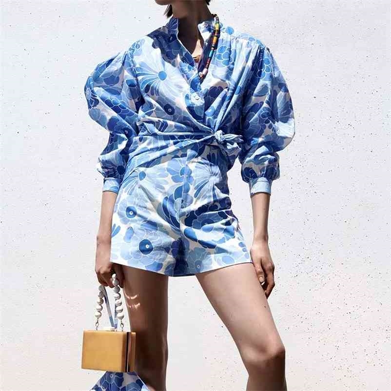 

Spring suit loose printed shirt with matching color straight shorts 210524