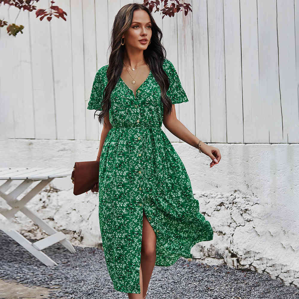 

Casual Summer Dress V Neck Buttons Vintage Floral Printed Maxi Dresses Women High Waist Beach Holiday Dress Vestidos 210521, Red