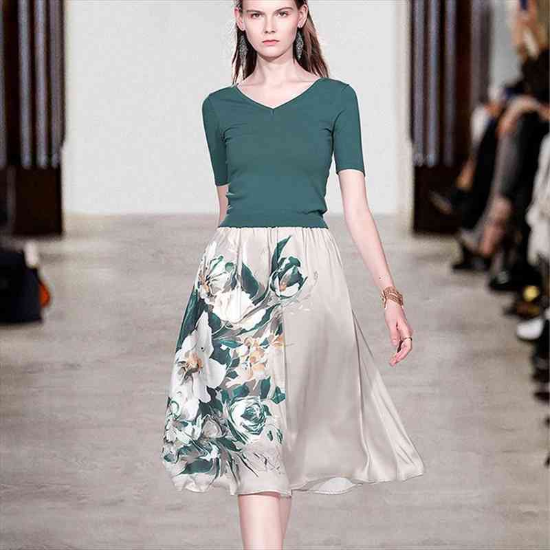 

summer women elegant knit sweater green slim pullovers a-line floral print skirts suit female two piece set, Gray